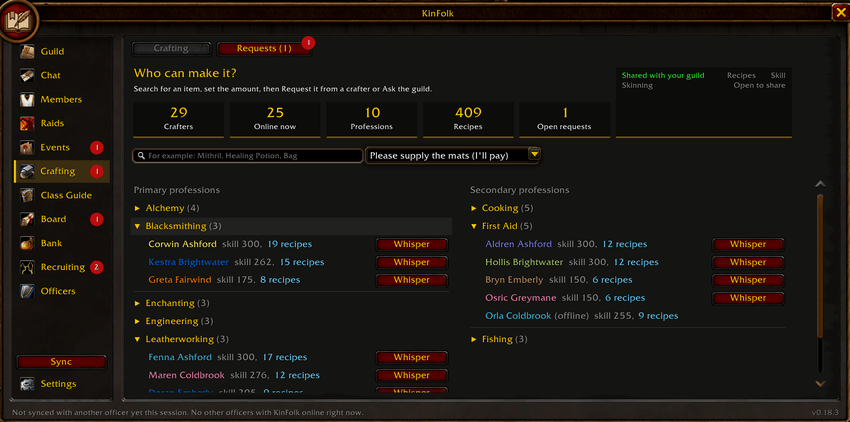 KinFolk crafting directory with primary professions on the left and secondary professions on the right