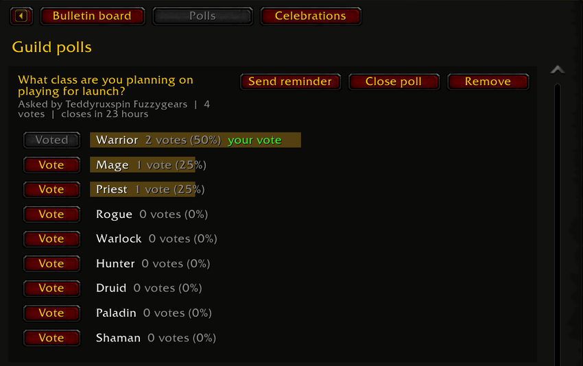 A KinFolk guild poll in WoW Forever with Vote buttons, vote totals, and Send reminder
