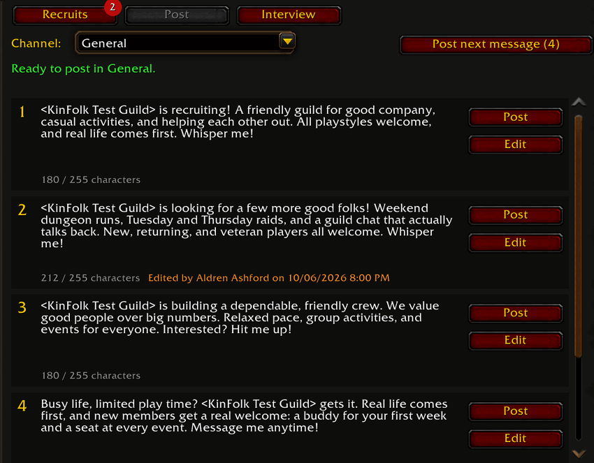 KinFolk recruiting posts with ready messages and Post buttons