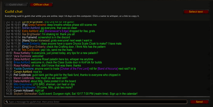 KinFolk guild chat with class colored names and clickable item links