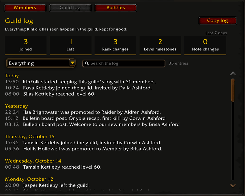The KinFolk guild log with joins, promotions, and level milestones