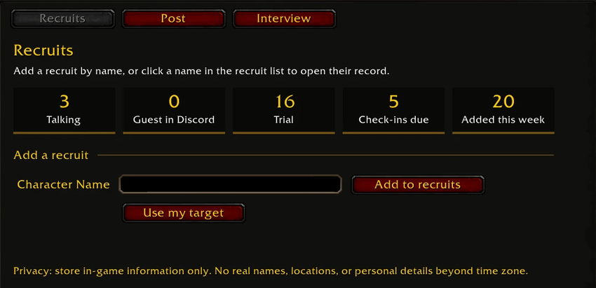 KinFolk recruiting posts for WoW Forever with ready messages, character counts, and Post buttons