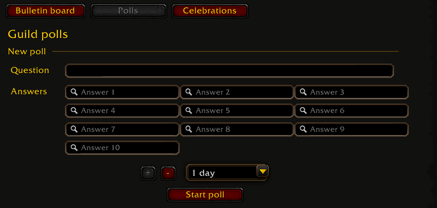 Starting a guild poll in KinFolk for WoW Forever with up to ten answers and a length