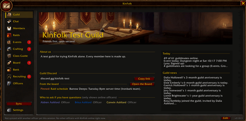 KinFolk guild hub home page with the guild banner, About us, the pinned raid schedule, and guild news