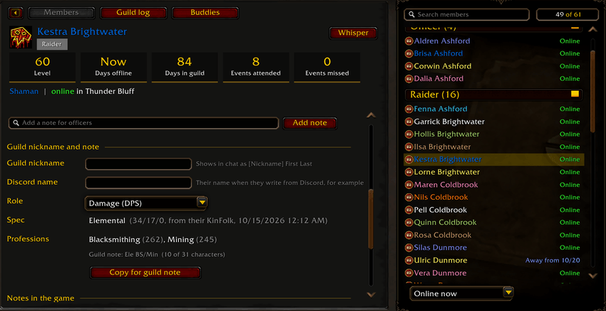 A KinFolk member record with the spec read from talents, shared professions, and the right-click player menu