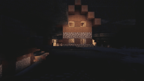 Torch-lit house in the rain