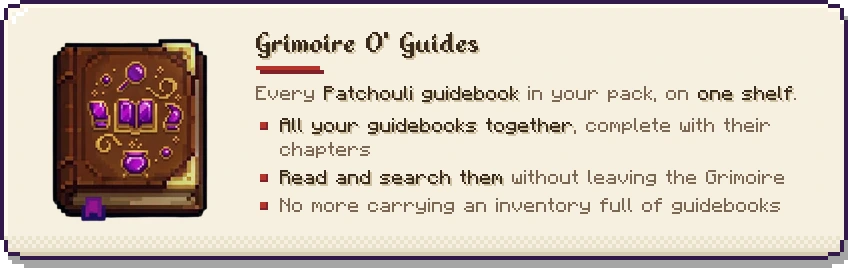 Grimoire O' Guides: every Patchouli guidebook on one shelf, read and searched inside the Grimoire