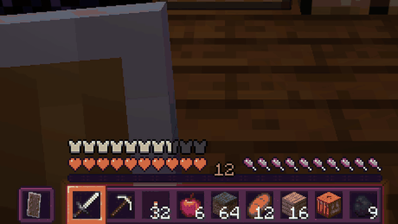 The themed hotbar and HUD with the selection moving along; items keep their real colours