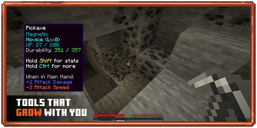 A pickaxe gaining experience through mining