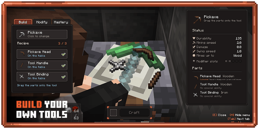 Building a modular pickaxe at the tool station