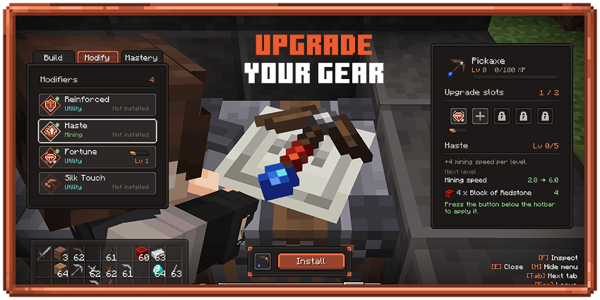 Installing modifiers and upgrading a tool