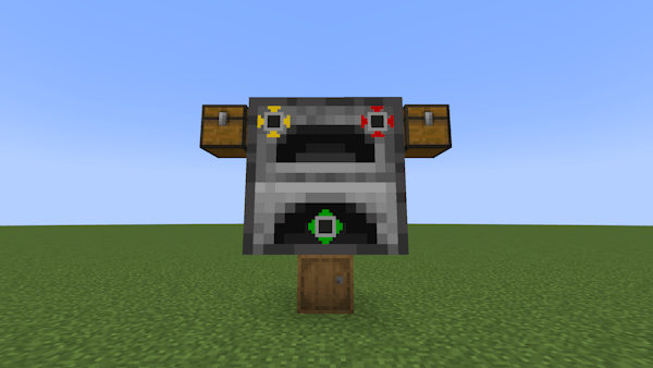 Input and Fuel interfaces connected to chests, with an Output interface connected to a barrel