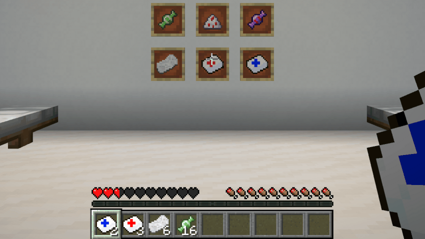 Putting on a super health pack while hurt, with six hearts coming straight back