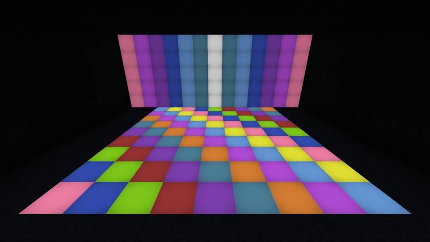 A dance floor and back wall of fluro blocks, lit by nothing but themselves