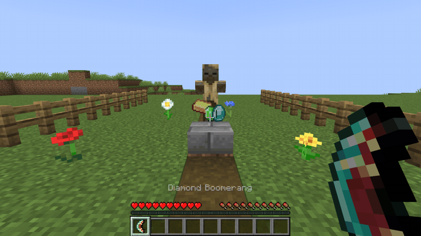 A diamond boomerang flying through a husk and coming back with the items it flew over