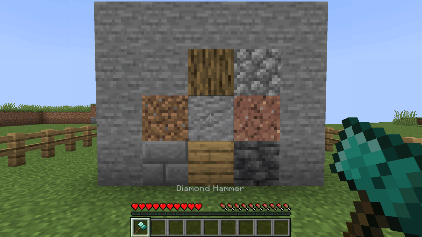 A diamond hammer breaking a wall of stone, logs, dirt and planks one hit per block, with nothing left behind