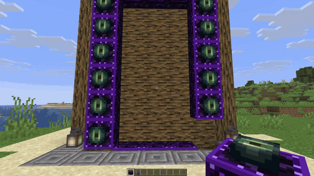 Placing the last frame of a portal standing on its side, opening it with the void striker and walking through into the End