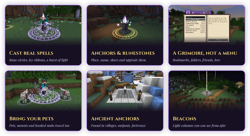 Waybound Grimoire features: spells, anchors, Grimoire menu, pets, ancient anchors, beacons