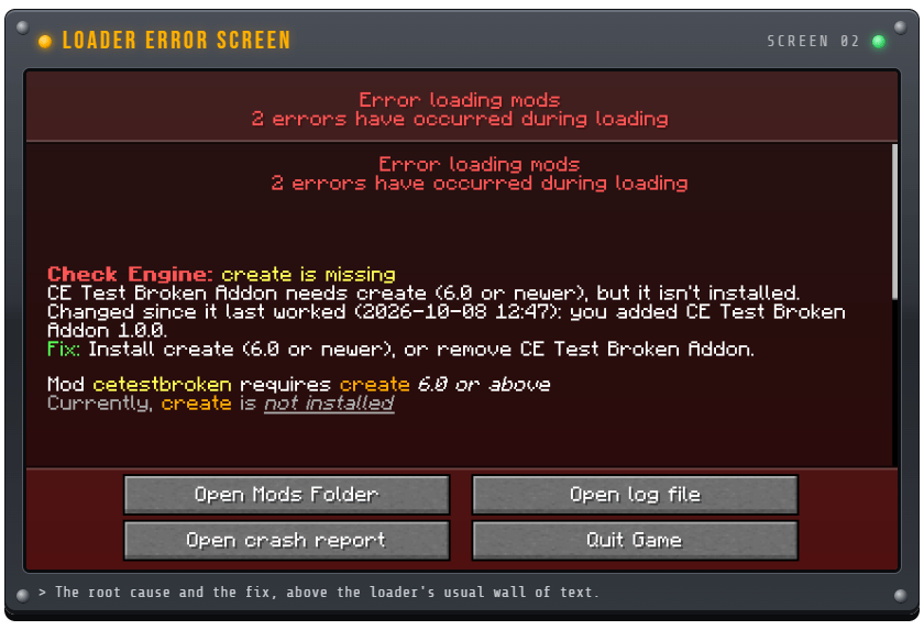 The loader's error screen with Check Engine's explanation