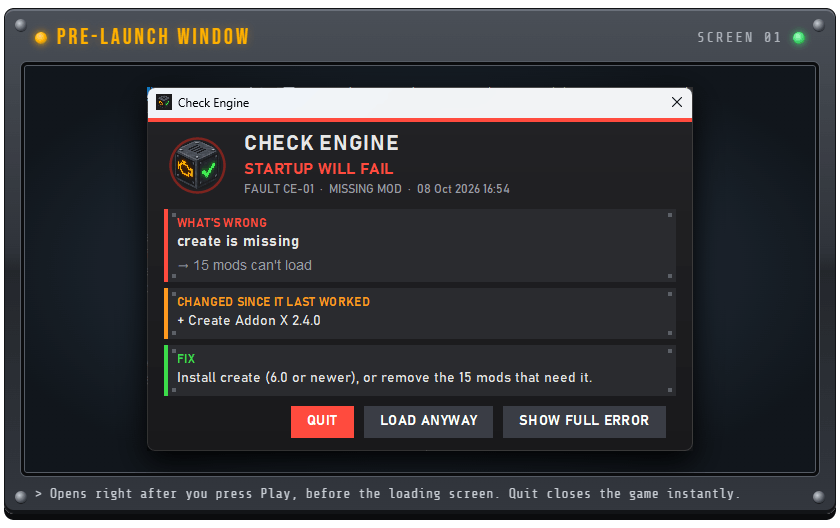 The Check Engine window, shown before the loading screen