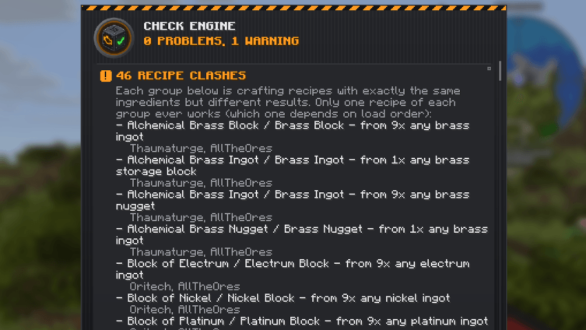 The scan report in game: recipe clashes grouped by item, with the mods that add them