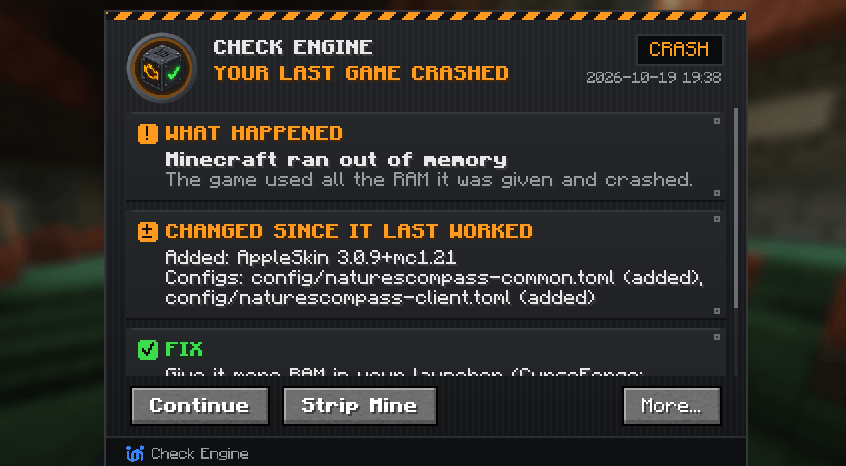Crash Doctor: Minecraft ran out of memory, with the fix