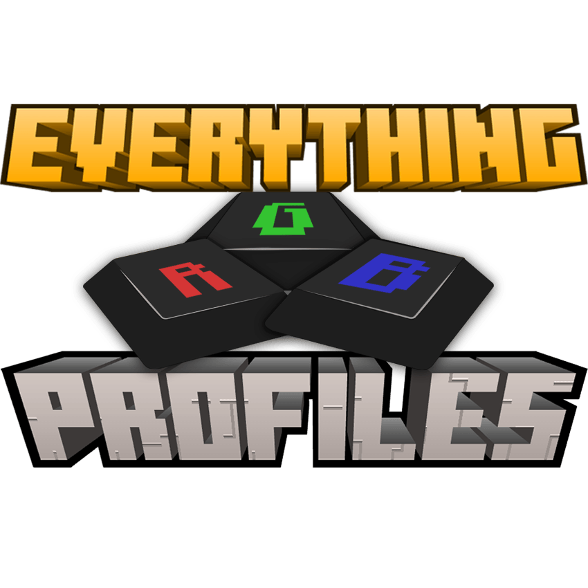 Banner for Everything RGB Profiles. At the top, the word "Everything" is written in chunky, blocky letters with a warm yellow-to-gold gradient. Below it sit three cube-shaped keyboard keys in a row, each marked with a single letter: R glowing red, G glowing green, and B glowing blue. At the bottom, the word "Profiles" appears in the same blocky style, but with a gray stone texture, like it's carved from rock.