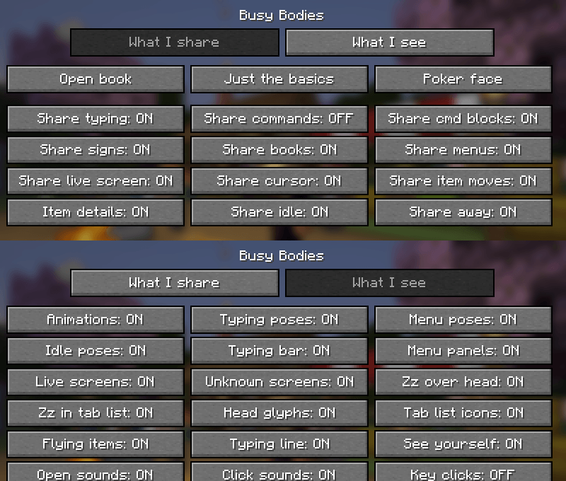 The settings screen: what I share and what I see
