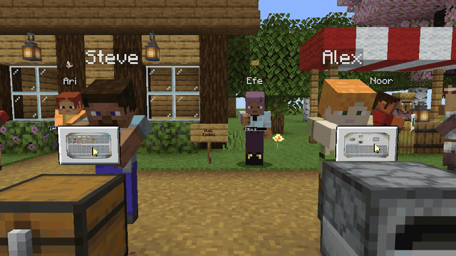 Two players using a chest and a furnace, with items flying out of the chest