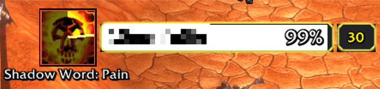 An enemy priest's Shadow Word: Pain beside their nameplate, with the GCD sweep ticking down over the icon