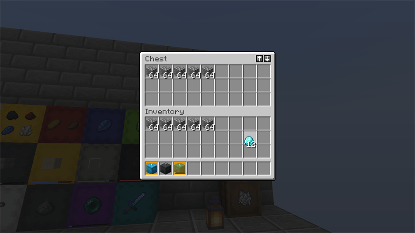 Transfer buttons, and gold frames on the boxes labeled with the item you carry