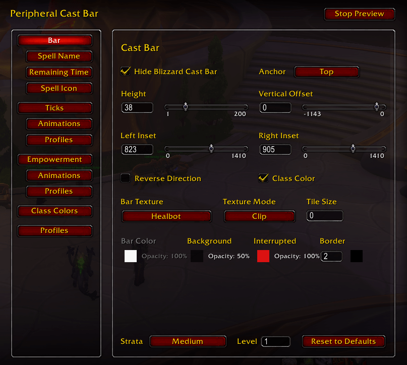 The settings menu