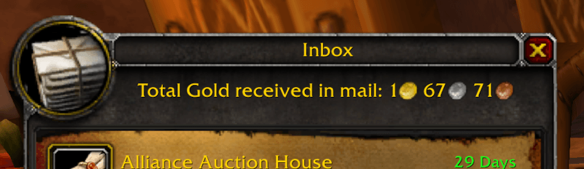 Screenshot of the top of the mail UI featuring a text saying Total Gold received in mail: 1G 67S 71C