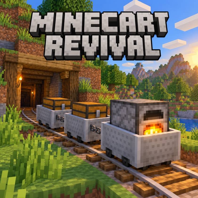 Minecart Revival — chain-linked furnace train at the mine entrance