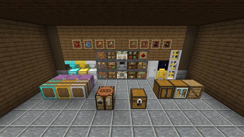 A crate wall with its controller, material chests under hoppers, barrels and shulker boxes, lockers, safes, cabinets and an item tower, bags and level upgrades framed above, and a locked chest by the locksmith workbench
