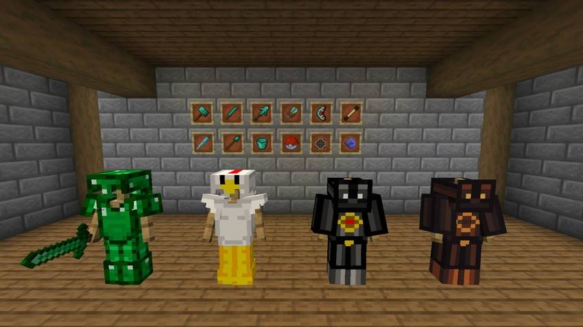 An emerald gear set and the chicken, scuba and lava suits on stands, with a hammer, machete, multitool, shears, boomerang, wand, staff, throwing spear, bucket, pokeball, portable workbench and the ultimate fist on the wall