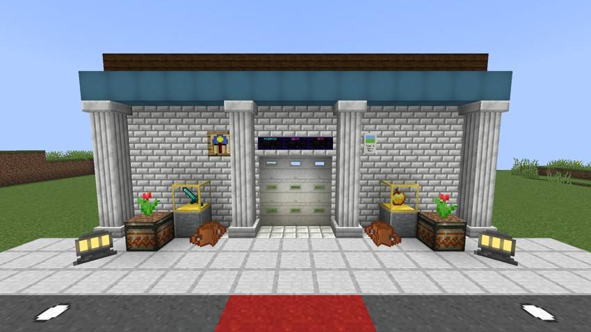 A shop front with calcite building blocks, a garage door, neon signs, a wall clock and calendar, display cases, fluro trim, a colorizer roof line, planter pots and a painted road with roadway lights