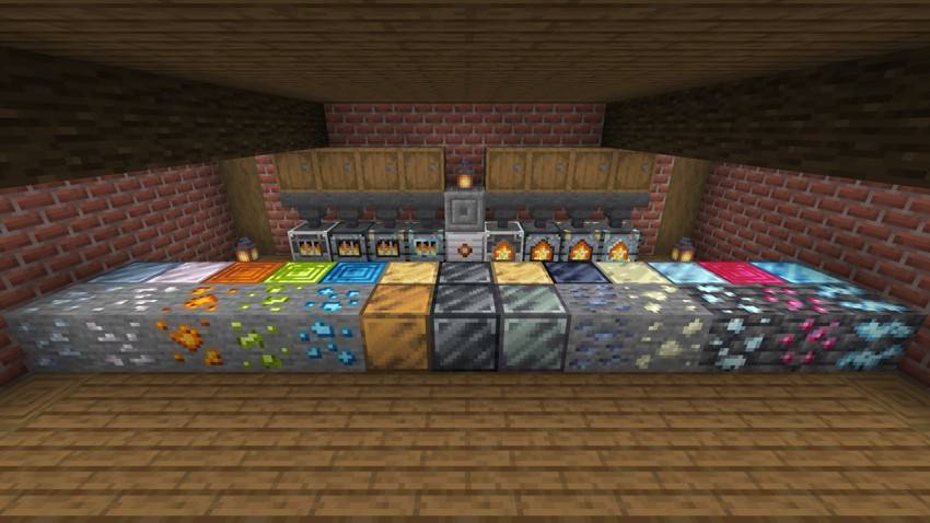 Every machine tier in the workshop, with each ore beside its storage block and the alloy blocks in the middle