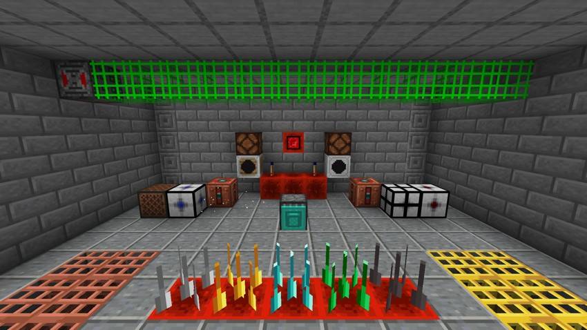 A laser bridge across the lab, sensors lighting lamps, an alarm box, flip flop torches, instant elevators, a fan, a gravitor, attractor and repulsor, an extruder, spikes popped out of the floor and item grates