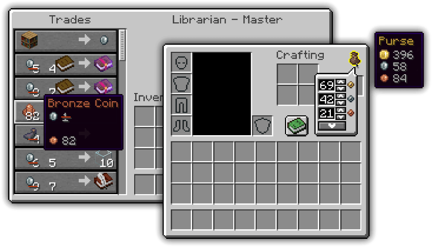 Villager trade screen with a discount on buying an item, and the Purse overlay inside the inventory screen