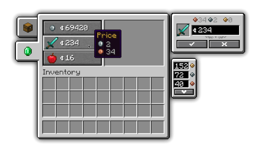 Shop screen, showing the setup of trades