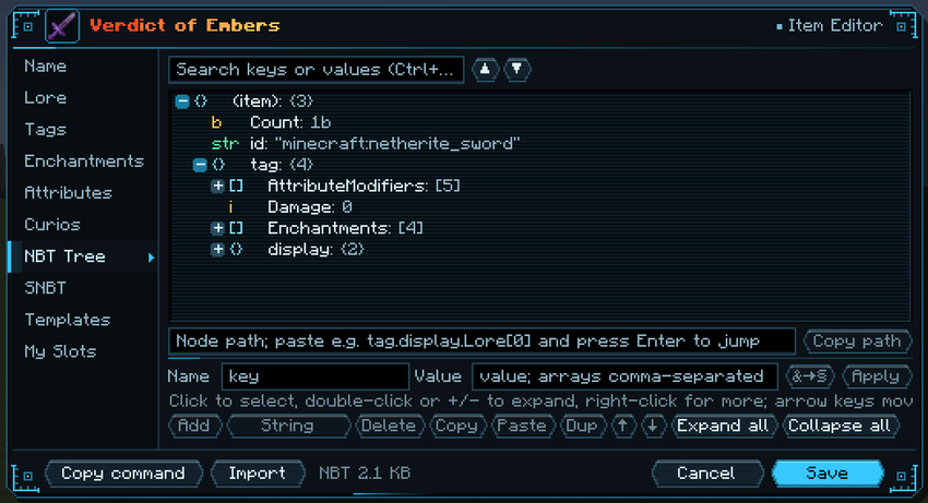 Item editor, NBT tree page