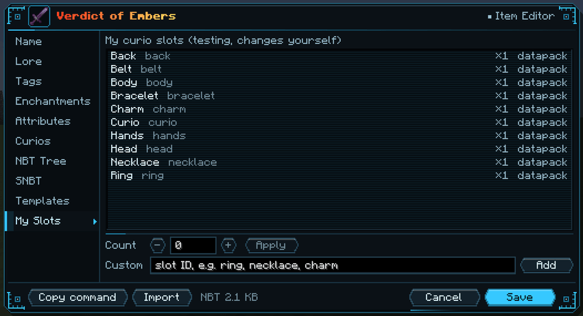 Item editor, My Slots page