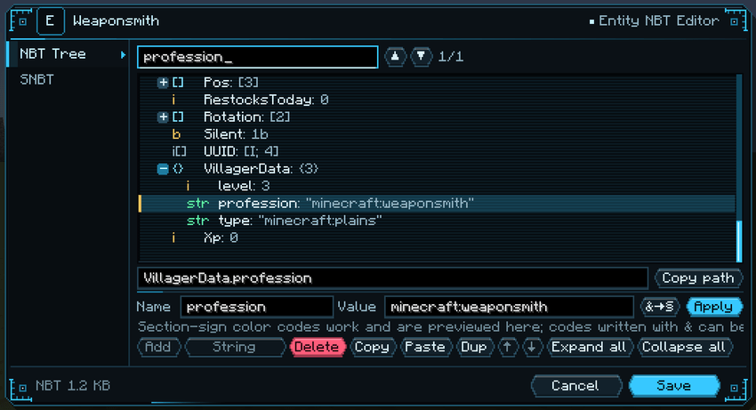 Entity NBT editor