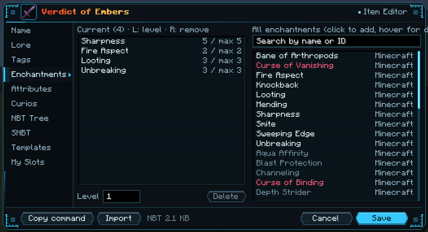Item editor, Enchantments page