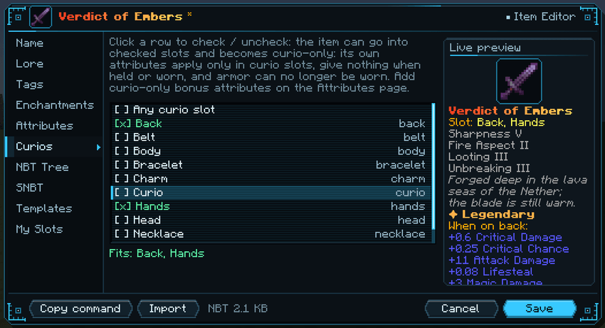 Item editor, Curios page