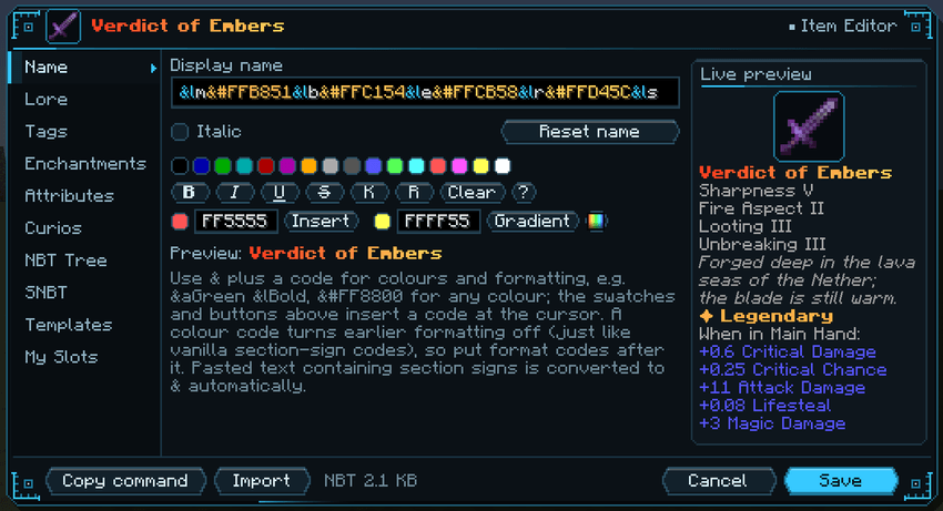 Item editor, Name page