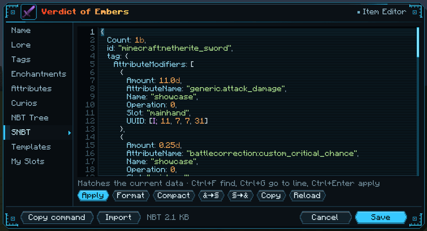 Item editor, SNBT page