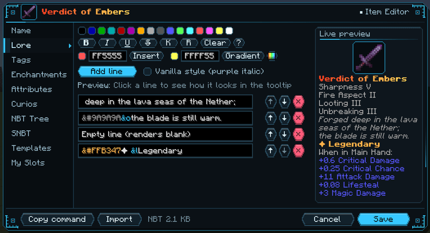 Item editor, Lore page