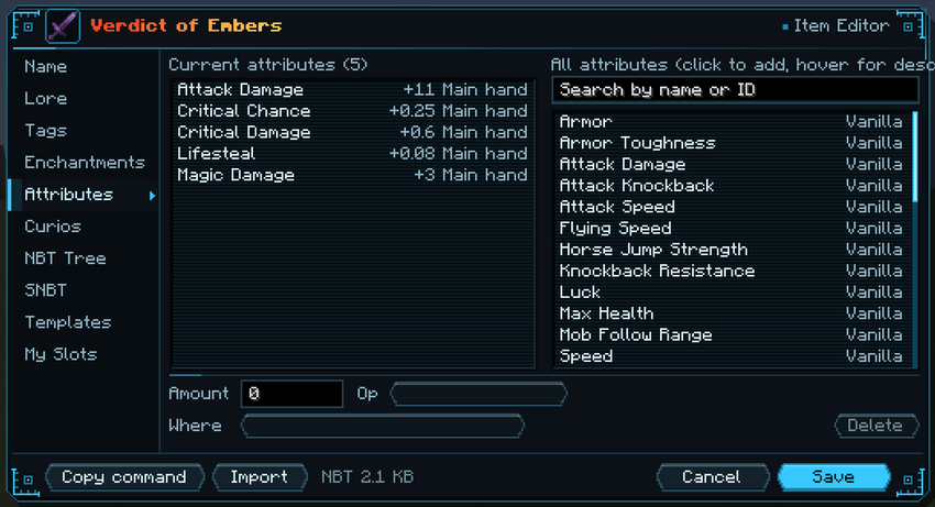 Item editor, Attributes page